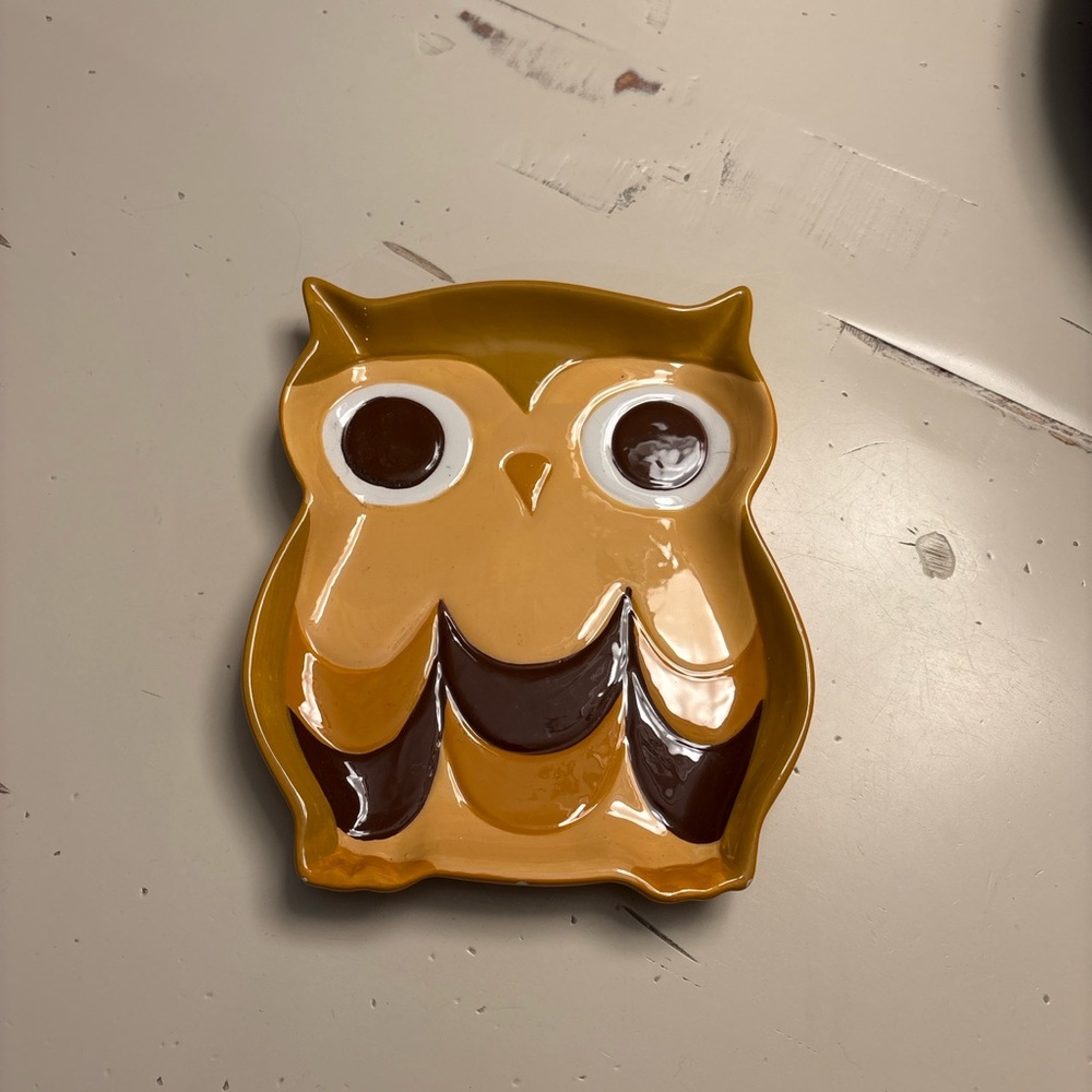 Whimsical Owl Ceramic Tray in Mustard and Chocolate